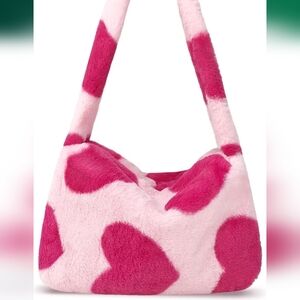 Fuzzy Tote Bag Y2K Fluffy Shoulder Bag Women Furry Purse 👛 With Heart Print 💕